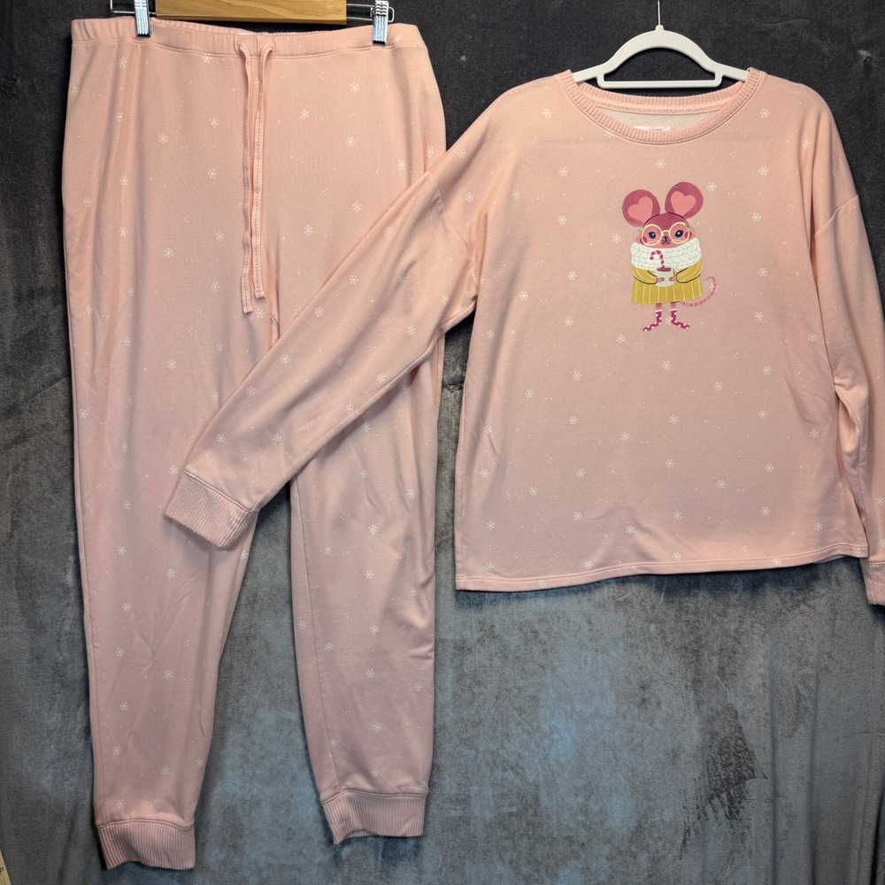 LC Lauren Conrad Pajama Set Womens L Pink Warm Snowflake Lounge Cozy Winter
